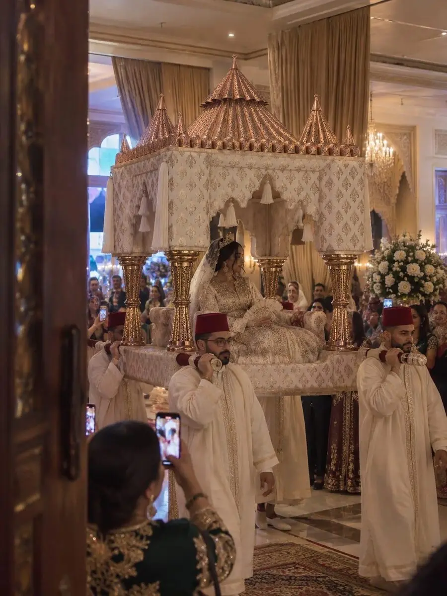 Mariée portée sur l'ammaria Lala Fatima lors de son entrée
